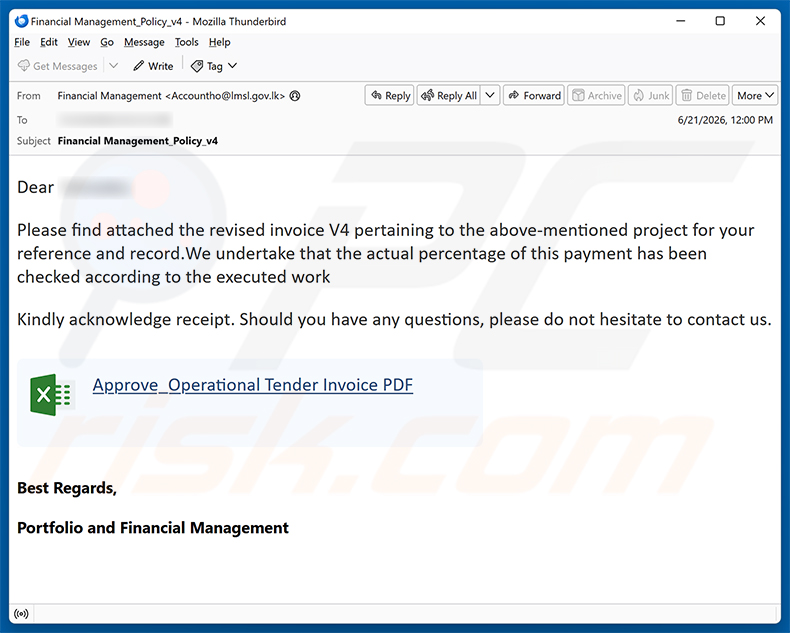 Campagna di spam via email Revised Invoice Email Scam