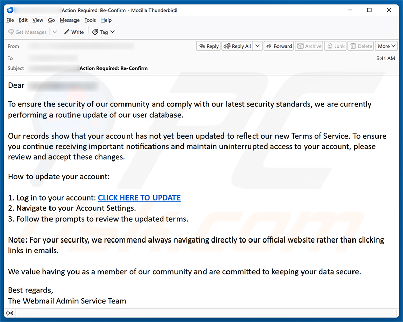 Campagna di spam via email Routine Update Of User Database