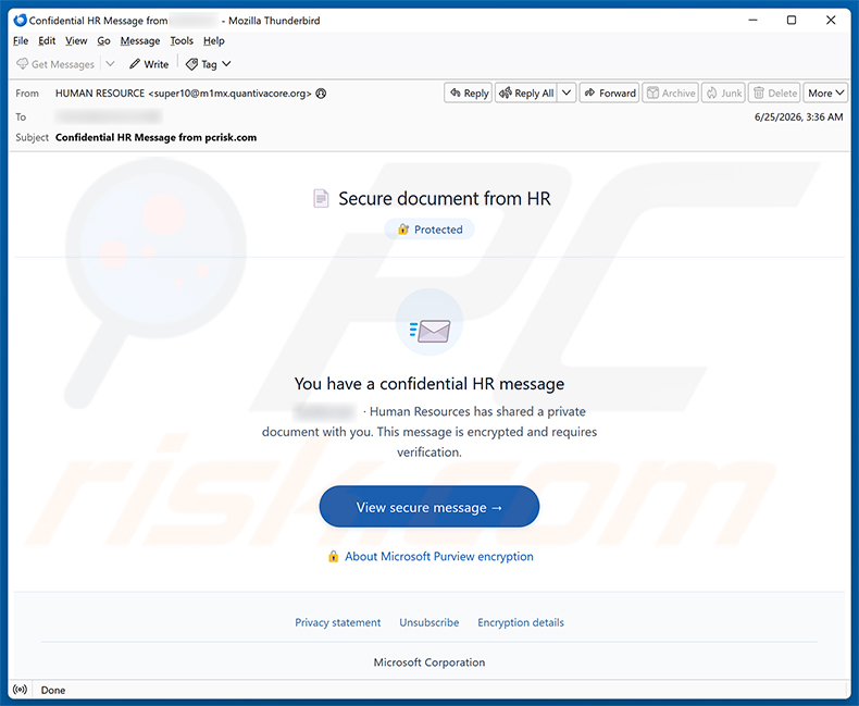 Campagna di spam via email Secure Document From HR