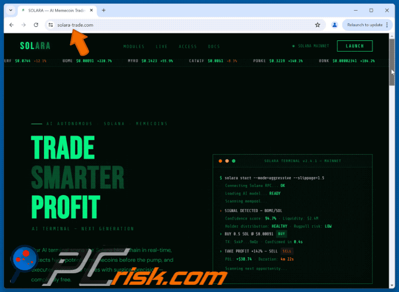 Aspetto della truffa SOLARA — AI Memecoin Trading Terminal On Solana (GIF)