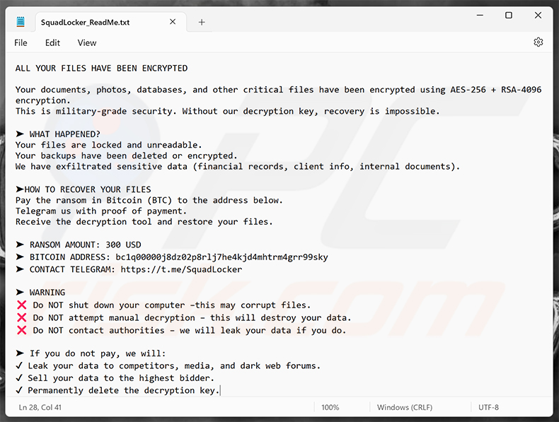 Richiesta di riscatto del ransomware SquadLocker (SquadLocker_ReadMe.txt)
