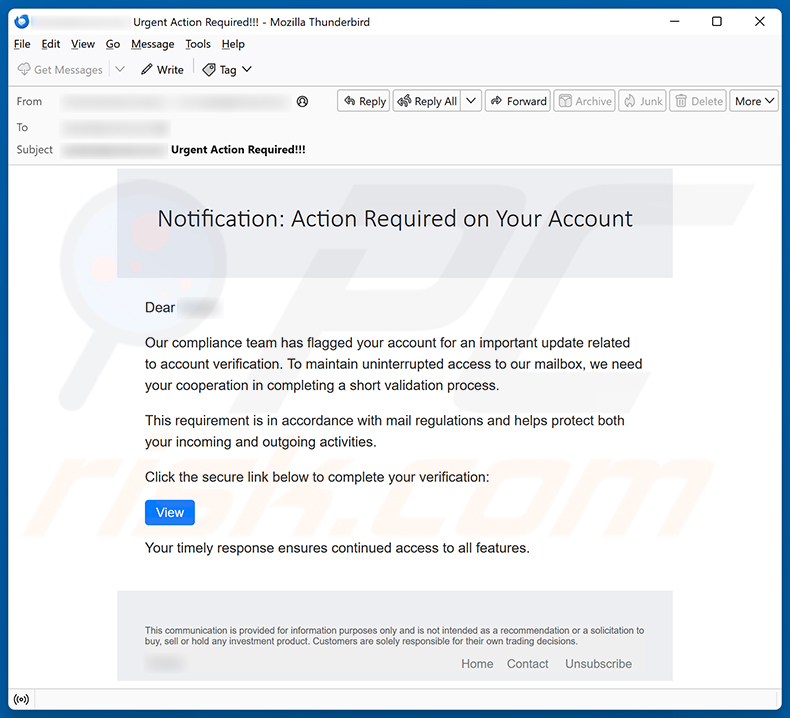 Campagna di spam via email Update Related To Account Verification