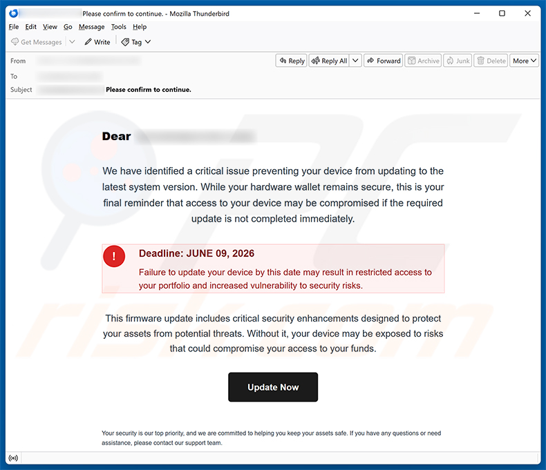 Campagna di spam via email Update Your Hardware Wallet