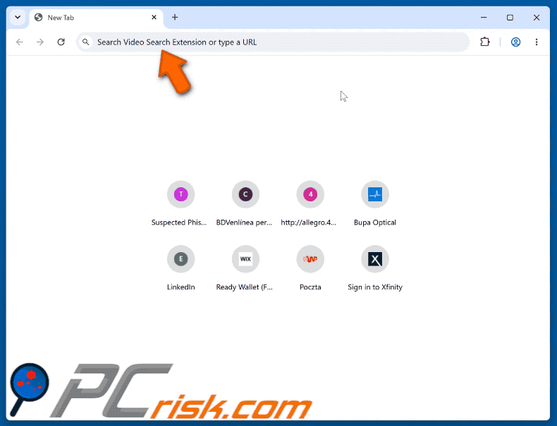 Dirottatore del browser Video Search Extension (myvideolibrary.info) che reindirizza a Bing (GIF)