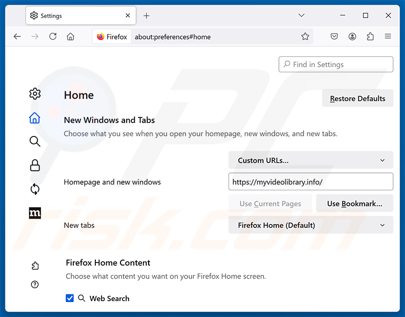 Rimozione di Video Search Extension (myvideolibrary.info) dalla homepage di Mozilla Firefox
