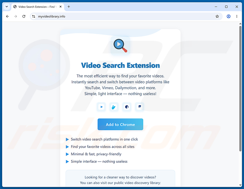 Sito web che promuove il dirottatore del browser Video Search Extension (myvideolibrary.info)