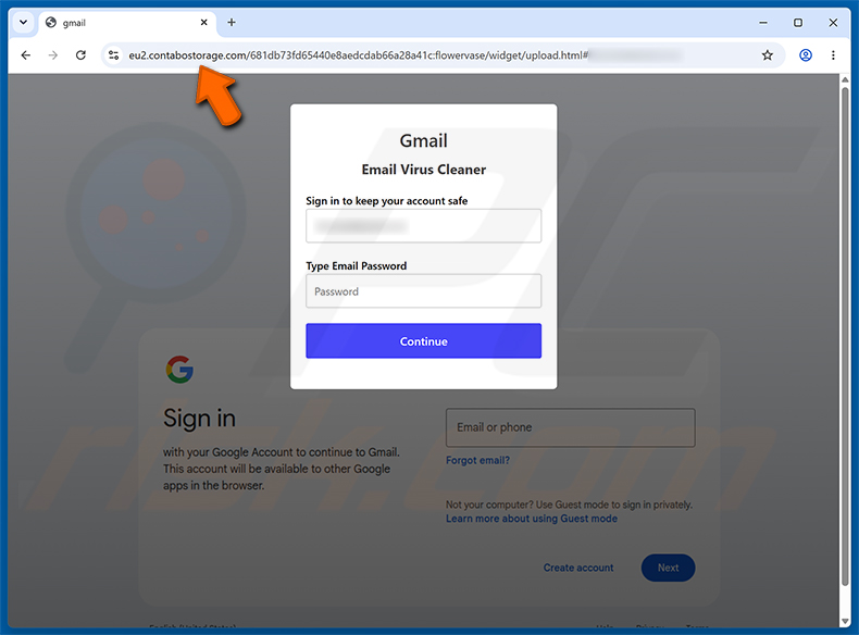 Pagina di phishing Virus Found In Your Mailbox