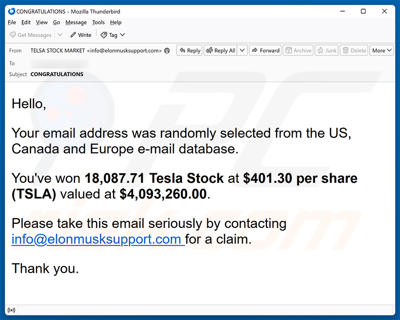 Campagna di spam email You've Won Tesla Stock