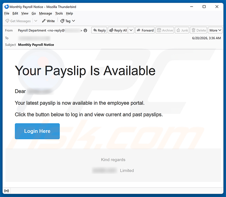 Campagna spam via email Your Payslip Is Available