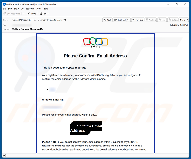 Campagna di spam email Zoho Email Address Verification Scam truffa