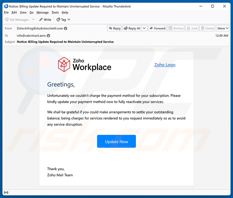 Campagna di spam via email Zoho Workplace Payment Method Update