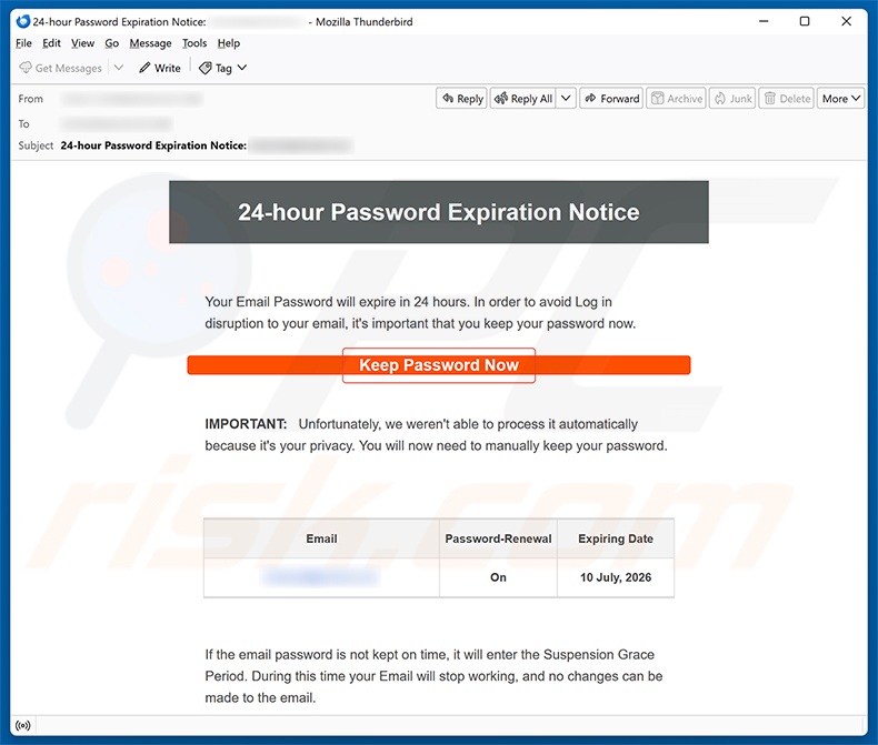 Campagna di email spam 24-Hour Password Expiration Notice