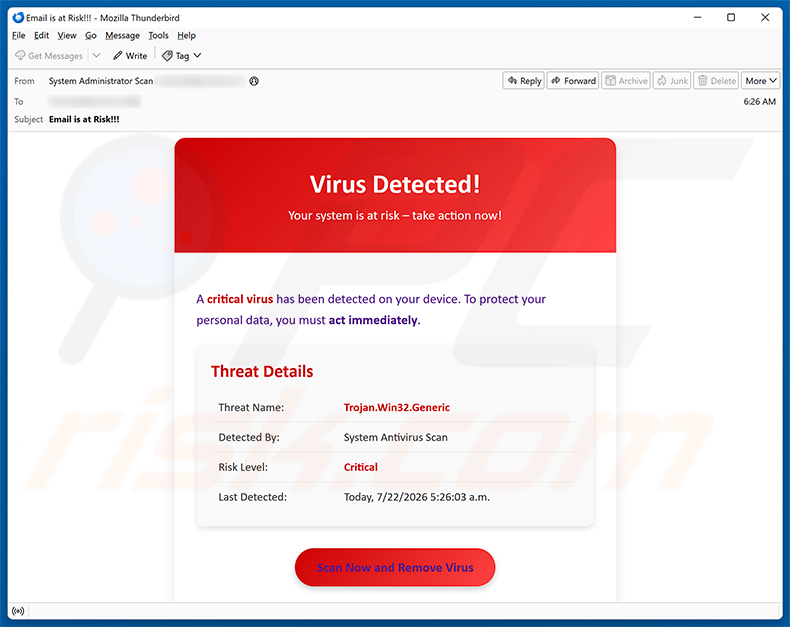 Campagna di spam via email A Critical Virus Has Been Detected On Your Device truffa via email