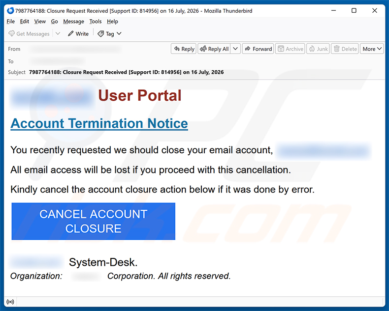 Campagna spam via email Account Termination Notice