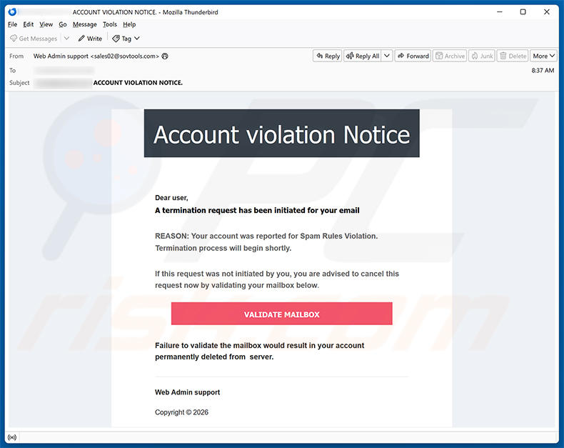Campagna di spam via email Account Violation Notice