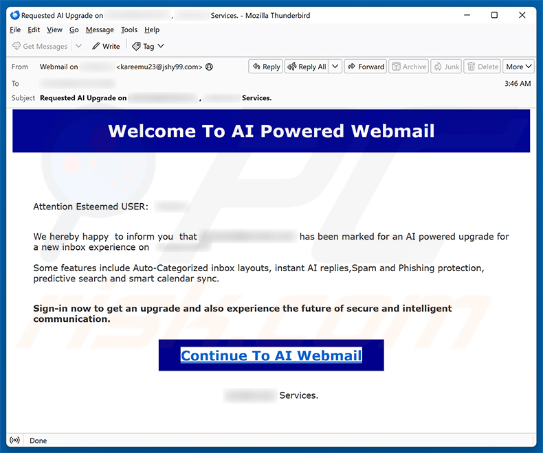 Campagna di spam email AI Powered Webmail truffa