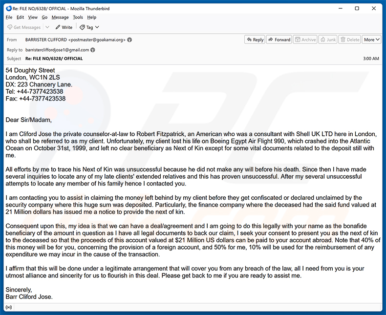 Assistance In Claiming The Money truffa via email