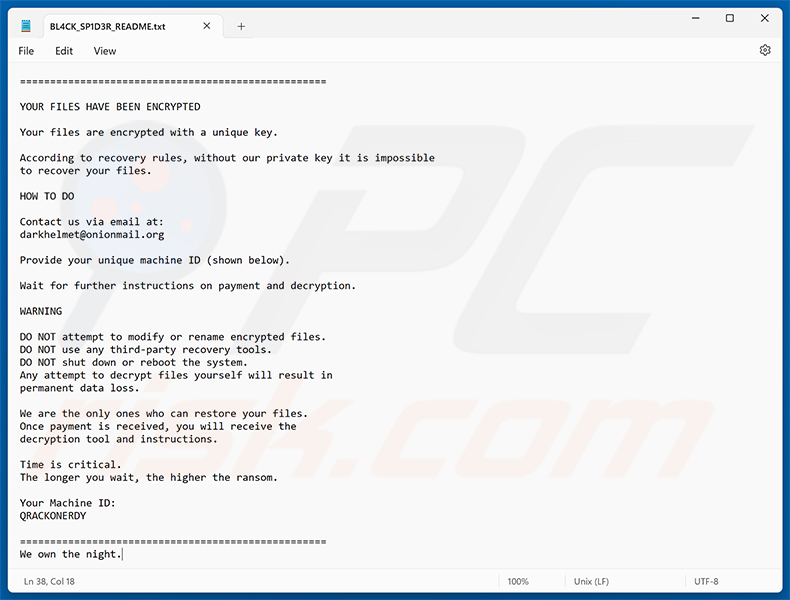 Richiesta di riscatto del ransomware BL4CK SP1D3R (BL4CK_SP1D3R_README.txt)