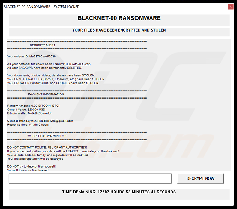 Finestra pop-up del ransomware BLACKNET