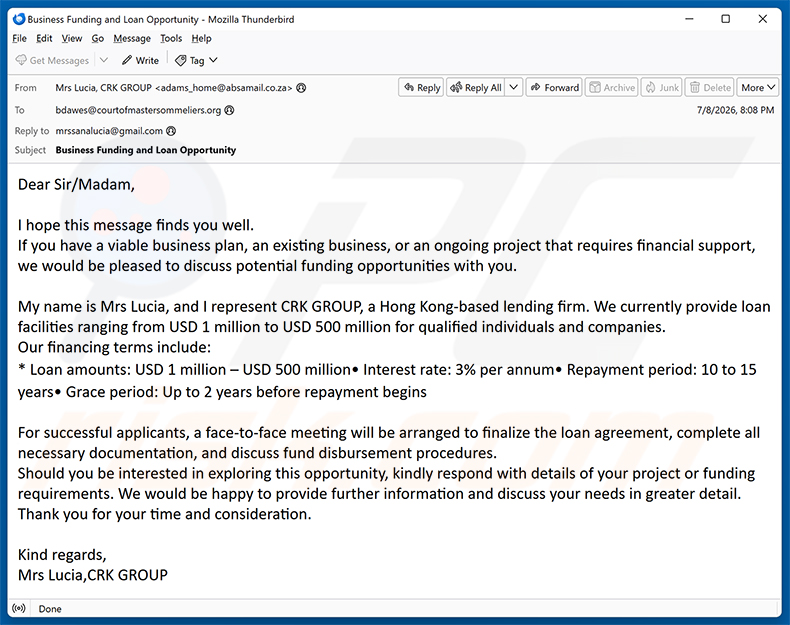 Campagna di spam via email Business Funding Opportunities