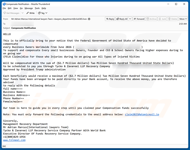 Campagna di spam via email della truffa Business Owner Compensation Email Scam