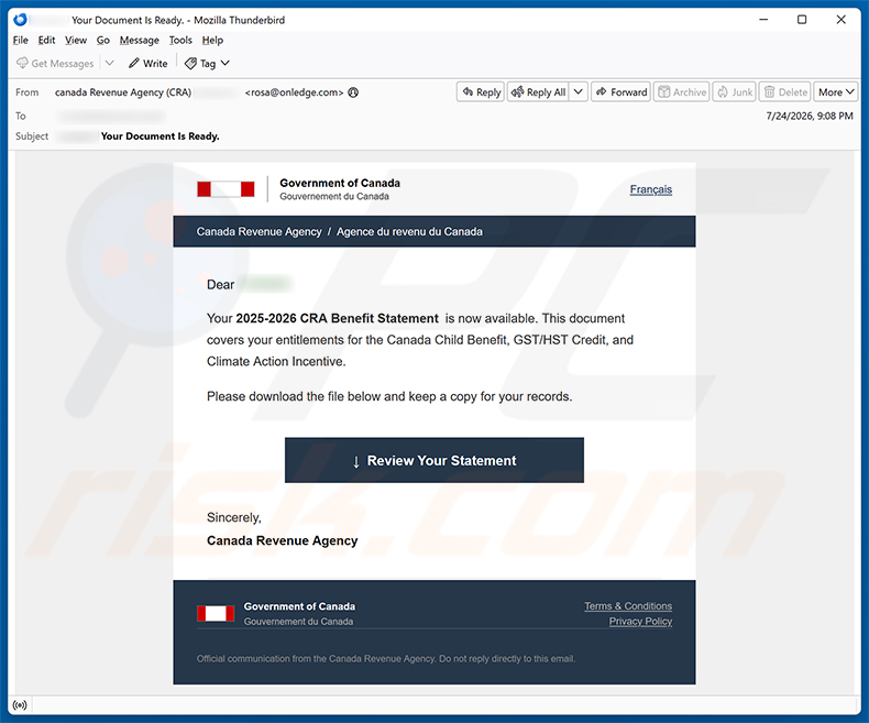 Campagna di email spam Canada Revenue Agency (CRA) Benefit Statement
