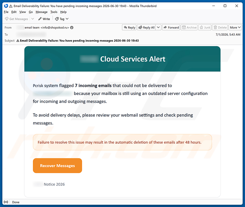 Campagna spam via email Cloud Services Alert