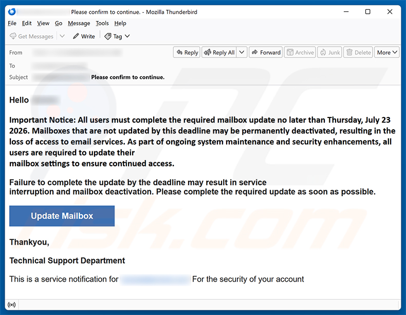 Campagna di spam via email Complete The Required Mailbox Update truffa via email