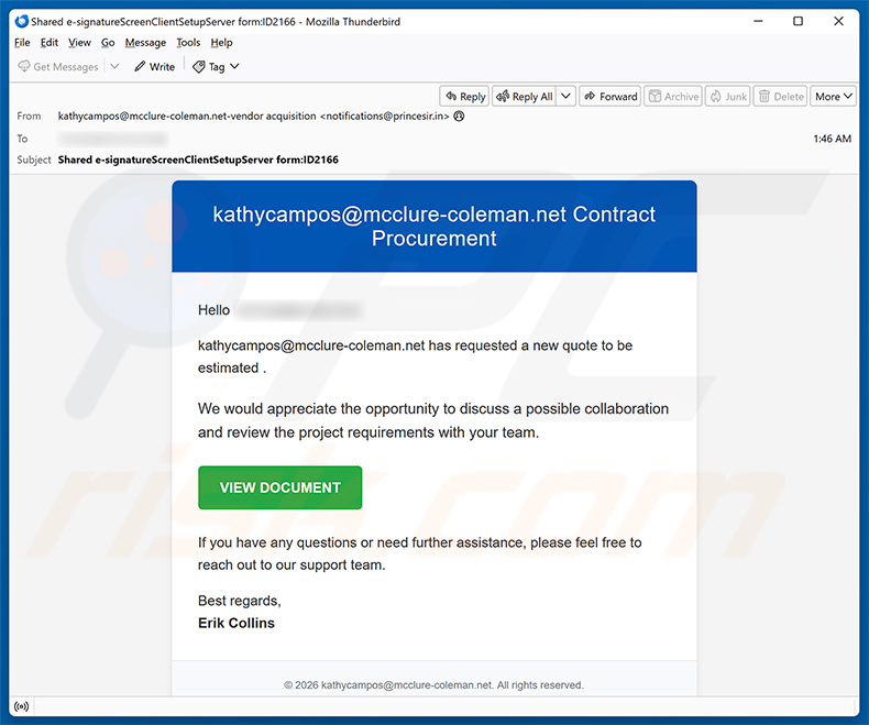 Campagna di spam email Contract Procurement Email Virus