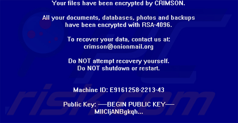 Nota di riscatto del ransomware CRIMSON (messaggio a schermo intero)