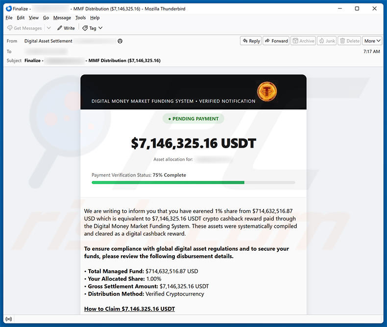Campagna di spam via email Crypto Cashback Reward