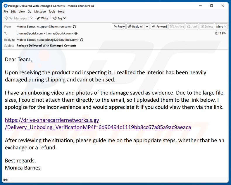 Campagna di spam email Damaged Package Email Virus