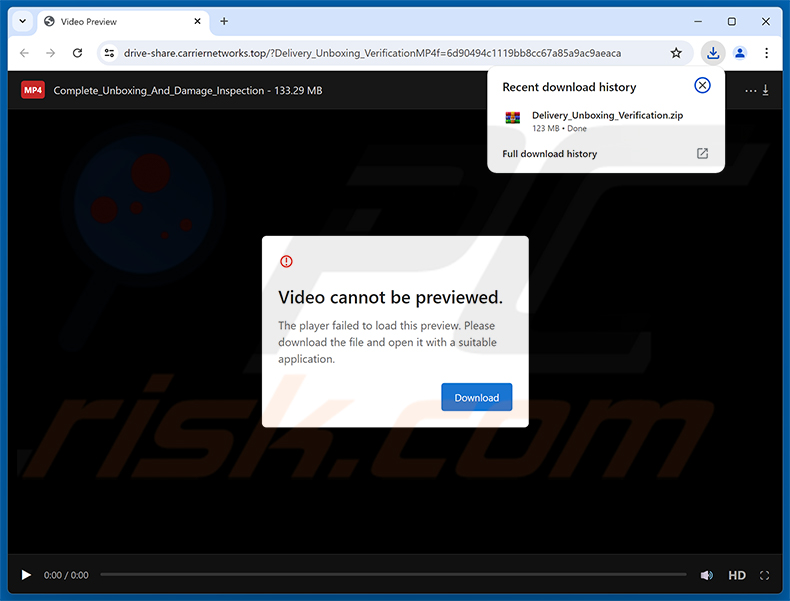Sito web dannoso promosso tramite la campagna di spam Damaged Package Email Virus