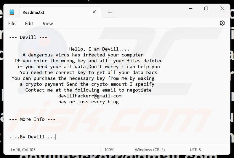 Richiesta di riscatto del ransomware Devill (Readme.txt)