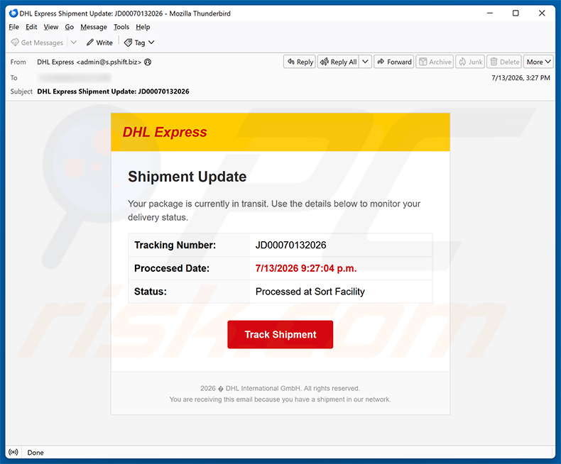 Campagna di email spam DHL Express Shipment Update