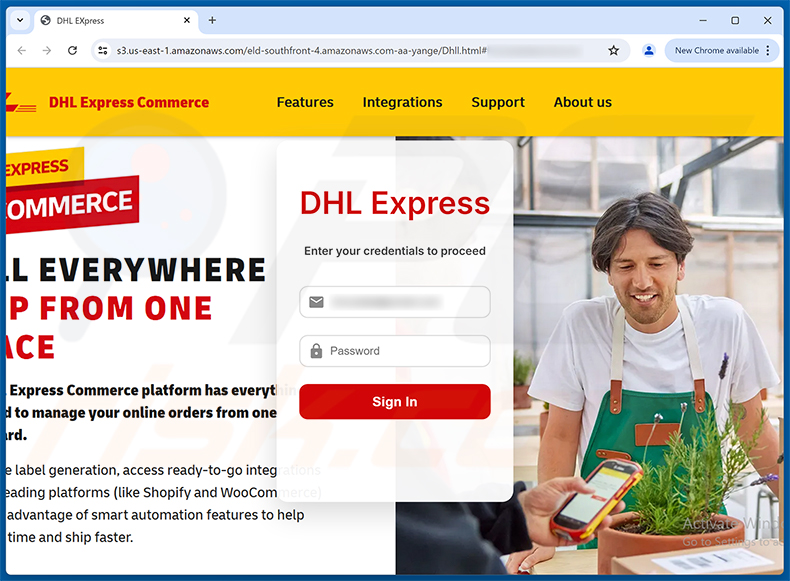 Pagina di phishing DHL Express Shipment Update
