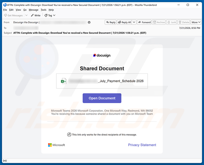 Campagna spam DocuSign - Shared Document Email Virus