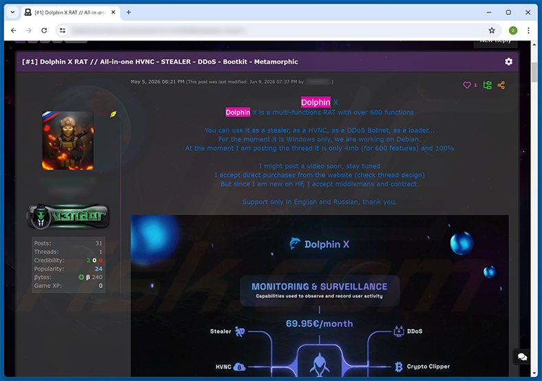 Post su forum di hacker che promuove Dolphin X RAT
