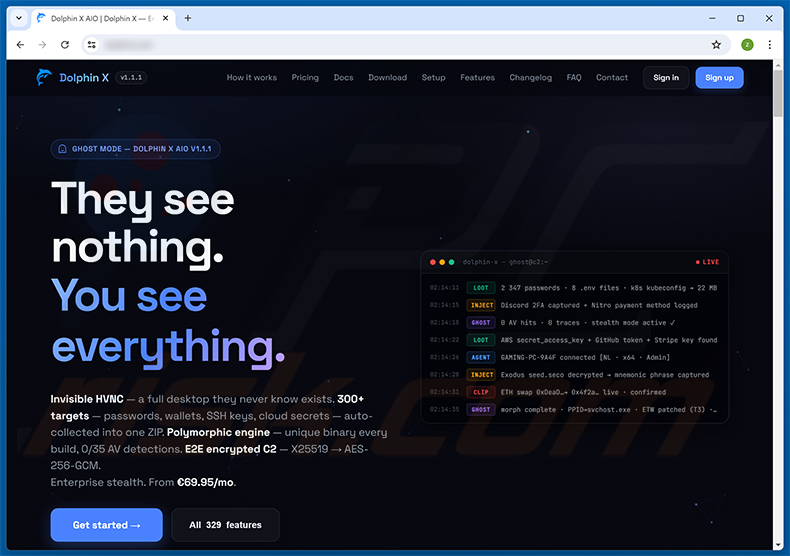 Sito web di Dolphin X RAT che promuove funzionalità di stealer e controllo remoto