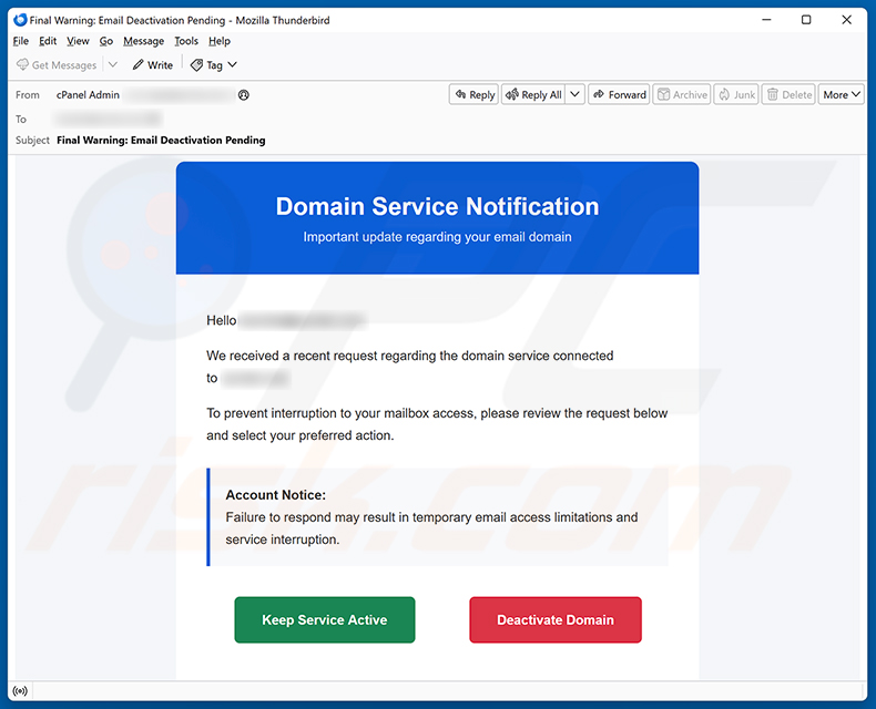 Campagna di email spam Domain Service Deactivation