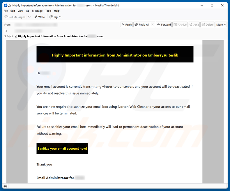 Campagna di spam via email della truffa Email Account Is Currently Transmitting Viruses