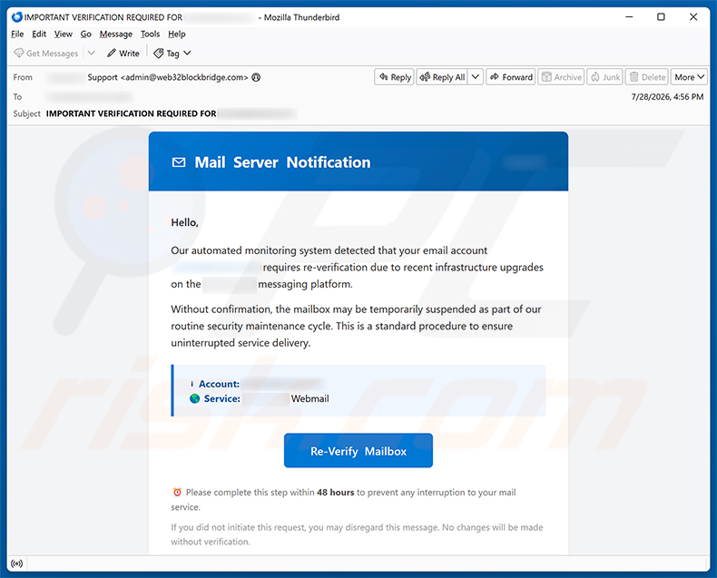 Campagna di spam email della truffa Email Account Requires Re-Verification