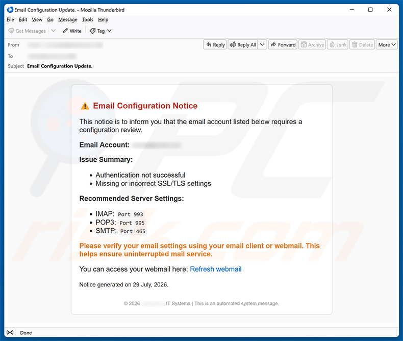 Campagna di spam via email Email Configuration Notice truffa