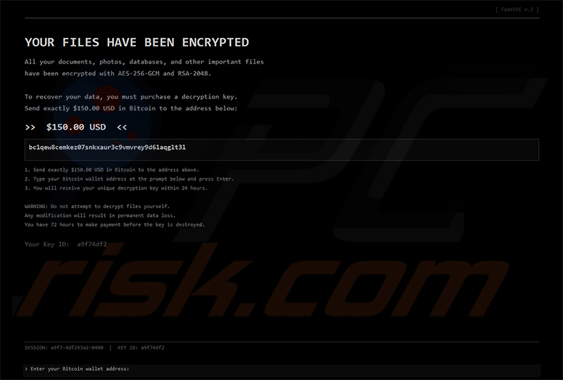 Richiesta di riscatto del ransomware FadeSEC (messaggio interattivo a schermo intero)