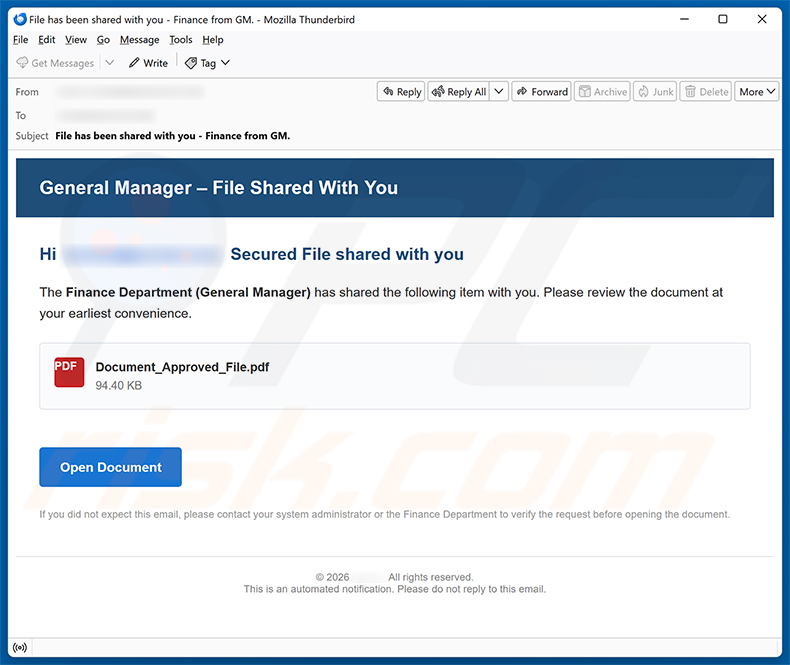 Campagna di email spam Finance Department (General Manager) Secure File