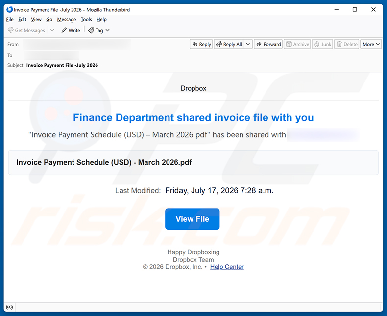 Finance Department Invoice Email Scam campagna di spam via email