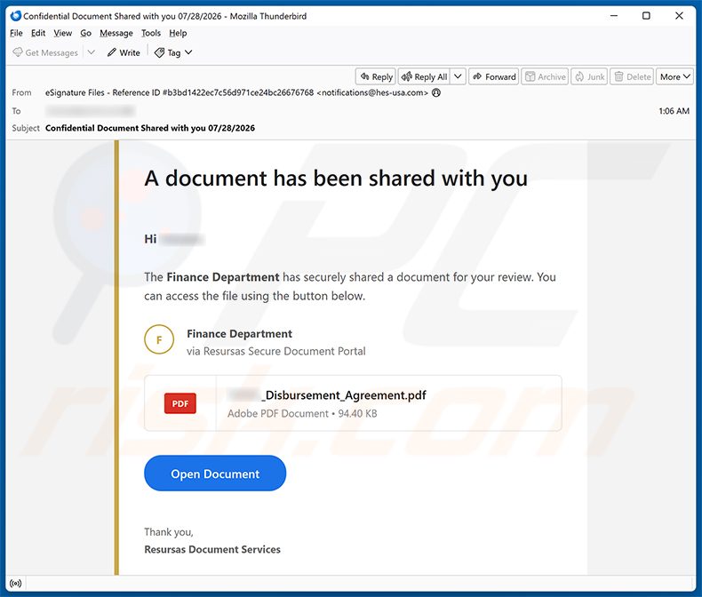 Campagna spam Finance Department Secure Document Email Virus