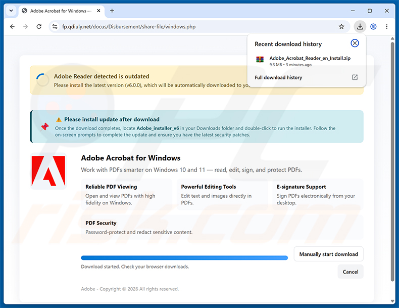Sito web dannoso promosso attraverso la campagna spam Finance Department Secure Document Email Virus