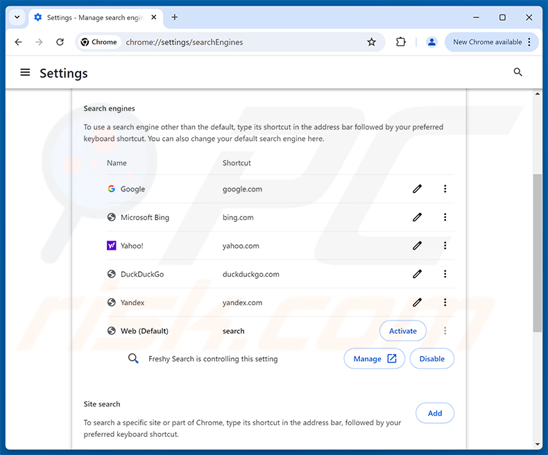Rimozione di Freshy Search (freshy.com) dal motore di ricerca predefinito di Google Chrome