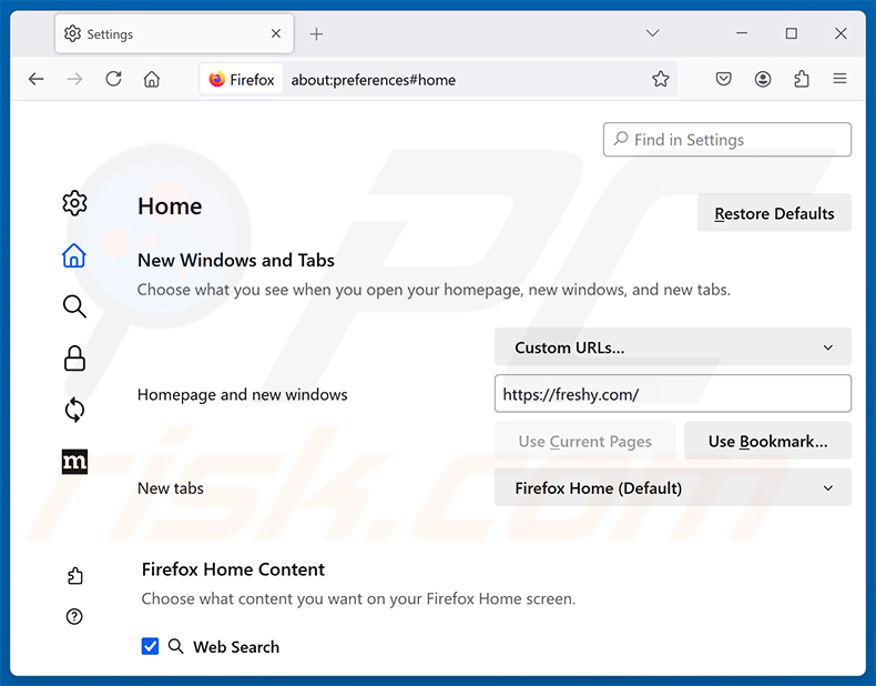 Rimozione di Freshy Search (freshy.com) dalla homepage di Mozilla Firefox